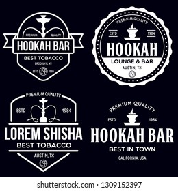 Set of hookah labels, badges and design elements. Hookah club. Shisha bar. Hookah lounge logo. Hookah pipes. Vector vintage illustration.