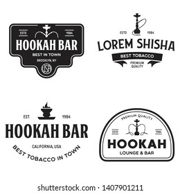 Set of hookah labels, badges and design elements. Hookah club. Shisha bar. Hookah lounge logo. Hookah pipes. Vector vintage illustration.