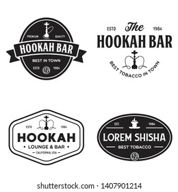 Set of hookah labels, badges and design elements. Hookah club. Shisha bar. Hookah lounge logo. Hookah pipes. Vector vintage illustration.