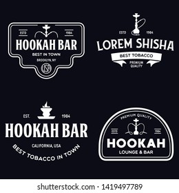 Set of hookah labels, badges and design elements. Hookah club. Shisha bar. Hookah lounge logo. Hookah pipes. Vector vintage illustration.