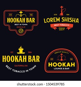 Set von Hokah-Etiketten, Abzeichen und Design-Elemente. Hookah Club. Shisha-Bar. Logo der Hookah Lounge. Hookah Pfeife. Vektorgrafik von Vintage.