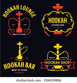 Set of hookah labels, badges and design elements. Hookah club. Shisha bar. Hookah lounge logo. Hookah pipes. Vector vintage illustration.