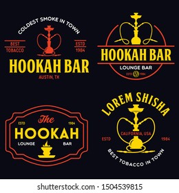 Set of hookah labels, badges and design elements. Hookah club. Shisha bar. Hookah lounge logo. Hookah pipes. Vector vintage illustration.