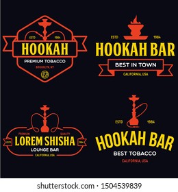 Set of hookah labels, badges and design elements. Hookah club. Shisha bar. Hookah lounge logo. Hookah pipes. Vector vintage illustration.