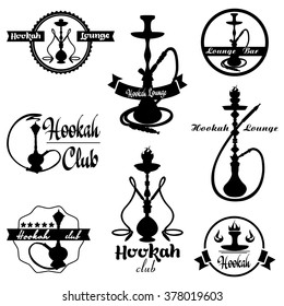 Set of hookah labels, badges and design elements. Vintage logo, emblem vector illustration.