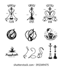 Set of hookah labels, badges and design elements. Hookah club. Shisha bar. Hookah lounge logo. Hookah pipes isolated on white. Hand holding hookah pipe. Vector vintage illustration. 