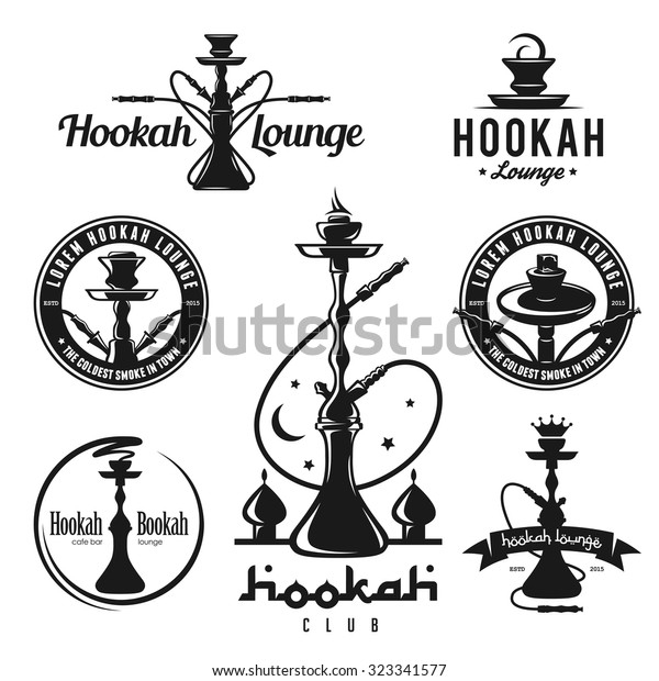 Set of hookah labels, badges and\
design elements. Vintage logo, emblem vector\
illustration.