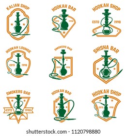 Set of hookah labels. Design element for logo, emblem, print, badge, poster. Vector image