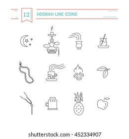 Set of hookah line icons isolated on white background. Smoke tobacco, smoking pipe, hookah, charcoal and accessories. Labels for shop or hookah lounge. Smoke illustration