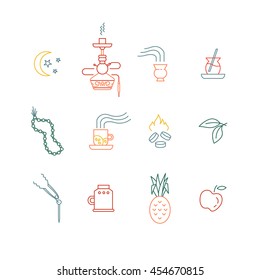 Set of hookah line icons isolated on white background. Smoke tobacco, smoking pipe, hookah, charcoal and accessories. Labels for shop or hookah lounge. Smoke illustration