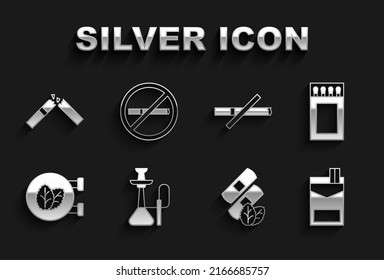 Set Hookah, Matchbox and matches, Cigarettes pack, Medical nicotine patches, Tobacco leaf shop, No smoking, Broken cigarette and  icon. Vector