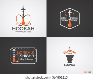 Set of Hookah relax labels, badges and design elements in 2 color variations. Vintage shisha logo. Lounge cafe emblem.  Arabian bar or house, shop insignia. Trendy palette. Isolated vector
