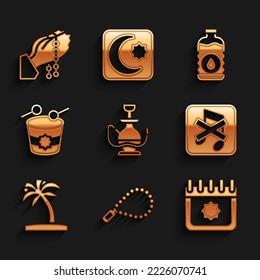 Set Hookah, Rosary beads religion, Ramadan calendar, Speaker mute, Tropical palm tree, drum, Bottle of water and Hands in praying position icon. Vector