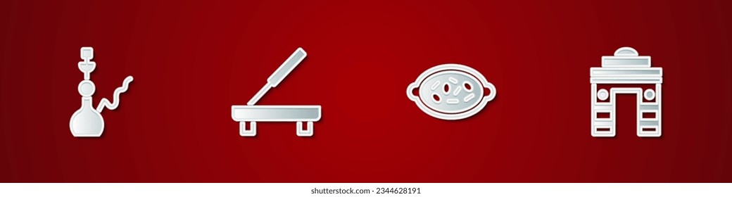 Set Hookah, Scented spa stick, Kheer in bowl and India Gate Delhi icon. Vector