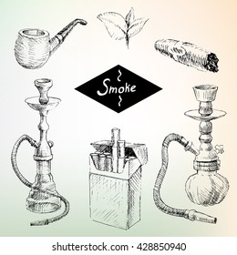 Set of hookah smoke, cigarettes, cigars, tobacco leaves.