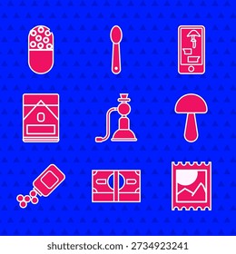 Set Hookah, Stacks paper money cash, LSD acid mark, Psilocybin mushroom, Medicine bottle and pills, Cigarettes pack box, Buying drugs online phone and or tablet icon. Vector