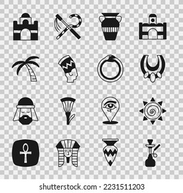 Set Hookah, Sun, Egyptian necklace, vase, Nefertiti, Tropical palm tree, house and Magic symbol of Ouroboros icon. Vector