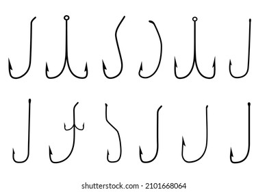 Set of hooks different form on white background. Vector spicy hook for fishing in flat style.