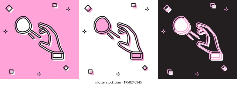 Set Hooligan shooting small stones icon isolated on pink and white, black background. Demonstrator. Vector