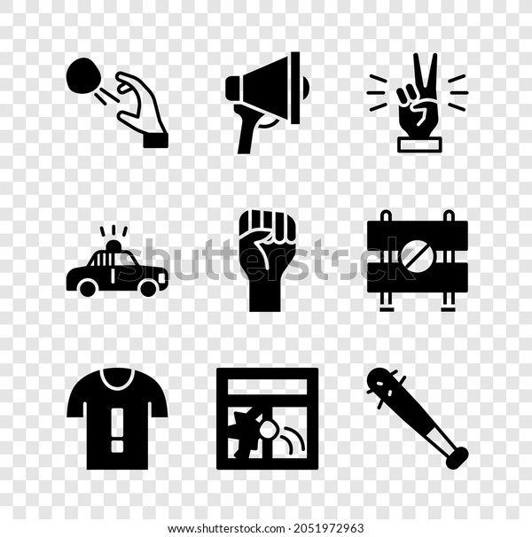 Set\
Hooligan shooting stones, Megaphone, Hand showing two finger,\
T-shirt protest, Broken window, Baseball bat with nails, Police car\
flasher and Raised hand clenched fist icon.\
Vector