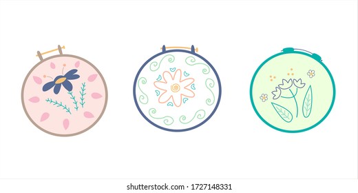 Set of hoops for embroidery. Flowers Vector illustration.