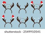 Set of hoops with reindeer antlers with shields, snow, a Christmas sock and mittens. Christmas hoops on blue background. Holiday hat for winter party. Vector elements eps.