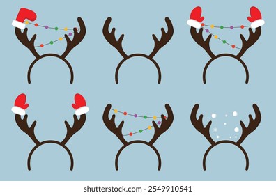 Set of hoops with reindeer antlers with shields, snow, a Christmas sock and mittens. Christmas hoops on blue background. Holiday hat for winter party. Vector elements eps.