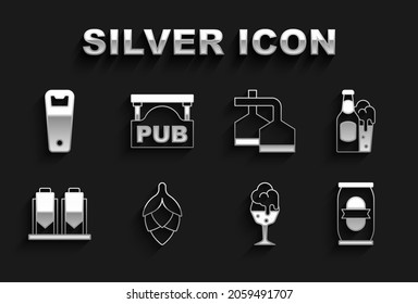 Set Hop, Beer bottle and glass, can, Glass of beer, brewing process, Bottle opener and Street signboard with Pub icon. Vector