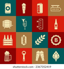 Set Hop, Bottle cap with inscription beer, Beer bottle, can, Musical instrument trumpet, Wooden barrel rack stopcock,  and Street signboard icon. Vector