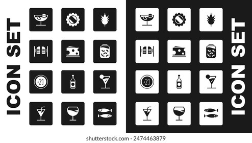 Set Hop, Cheese, Saloon door, Cocktail, Pickled cucumbers in jar, Bottle cap, Martini glass and Alcohol 21 plus icon. Vector