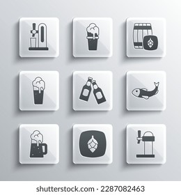 Set Hop, Dispenser beer, Dried fish, Beer bottle, Wooden mug, Glass of, tap with glass and barrel icon. Vector