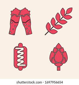 Set Hop, Glass of beer, Cereals set with rice, wheat, corn, oats, rye, barley and Hotdog sandwich with mustard icon. Vector