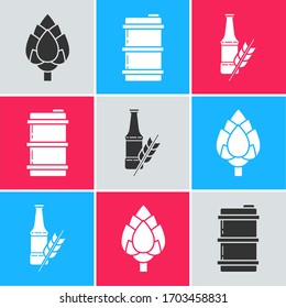 Set Hop, Metal beer keg and Beer bottle icon. Vector