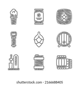 Set Hop, Metal beer keg, Wooden barrel, Beer tap with glass, Bottle opener,  and Glass of icon. Vector