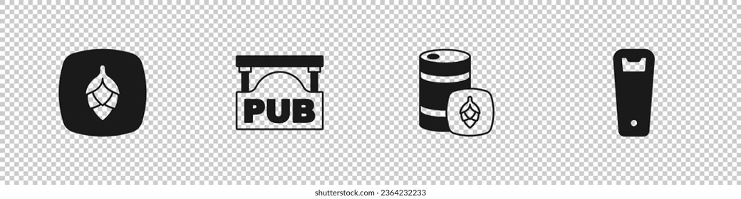 Set Hop, Street signboard with Pub, Metal beer keg and Bottle opener icon. Vector