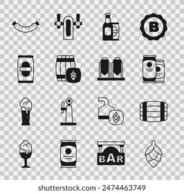Set Hop, Wooden barrel, Beer can, bottle and beer, Sausage and brewing process icon. Vector