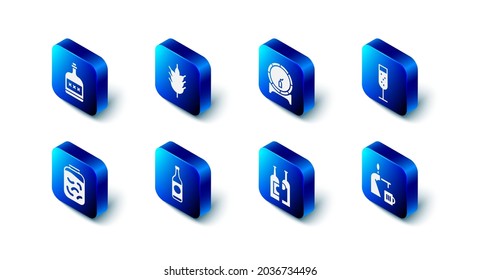 Set Hop, Wooden barrel on rack, Glass of champagne, Beer tap with glass, Bottles wine, bottle, Pickled cucumbers jar and Alcohol drink Rum icon. Vector