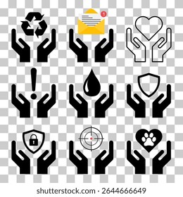 Conjunto de Esperança ícone, mão humana com símbolo vazio, ajuda design gráfico, ilustração vetorial .