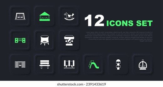 Set Hopscotch, Attraction carousel, Jumping trampoline, Slide playground, Playground kids bridge, Bench, Sandbox with sand and Kid slide pipe icon. Vector