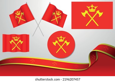 Set Of Hordaland Flags In Different Designs, Icon, Flaying Flags And ribbon With Background.