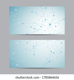 Juego de banners horisonales. Patrón geométrico con líneas y puntos conectados. Ilustración vectorial sobre fondo azul y blanco.