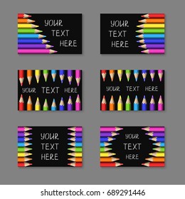 Set of Horisontal Cards with Realistic Colorful Pencils on Black Background. Kit of Templates with Sharp Colored Pencils for Text, Stickers, Message, Flyers, Banners for School Ads.