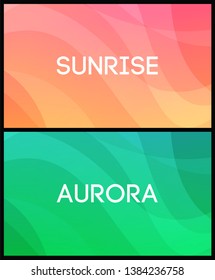 Set of Horizontal Abstract Backgrounds with colorful wavy pattern. Green and seductive bright Peach Orange backdrop for smartphone app or wallpaper with text samples.