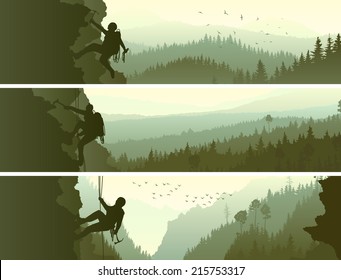 Set horizontal abstract banners of alpinists (climbers) with ice ax in mountains coniferous wood.