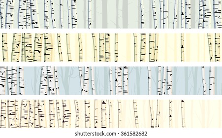 Set horizontal abstract banners of birch trunks forest.