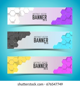 Set of horizontal abstract banners with colorful compositions from 3d hexagons in corners isolated vector illustration