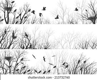 Set horizontal abstract banners of forest with nests in trees and birds.