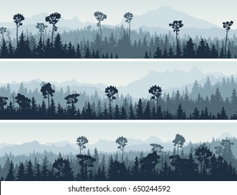 Set of horizontal abstract banners hills of coniferous wood in blue tone.