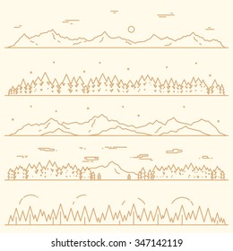 Set Of Horizontal Abstract Banners Of Mountains With Fir Forest, Design Elements, Vector Illustration, Linear Style.