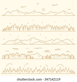 Set of horizontal abstract banners of mountains with fir forest, design elements, vector illustration, linear style.